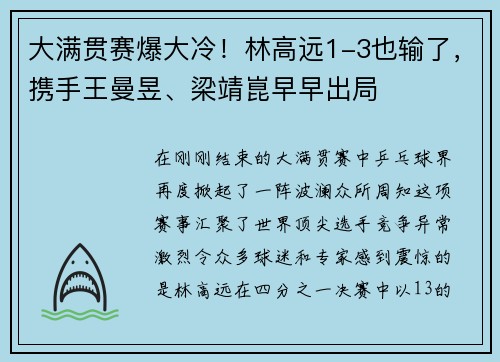 大满贯赛爆大冷！林高远1-3也输了，携手王曼昱、梁靖崑早早出局