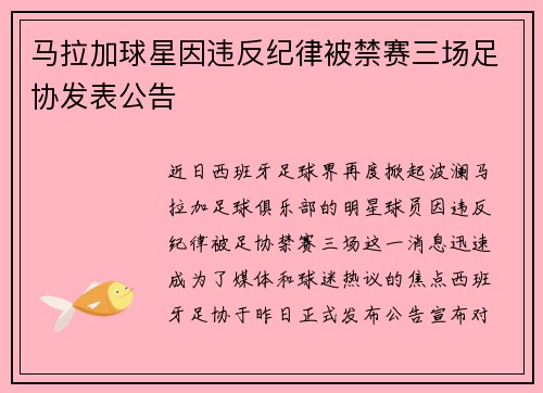 马拉加球星因违反纪律被禁赛三场足协发表公告